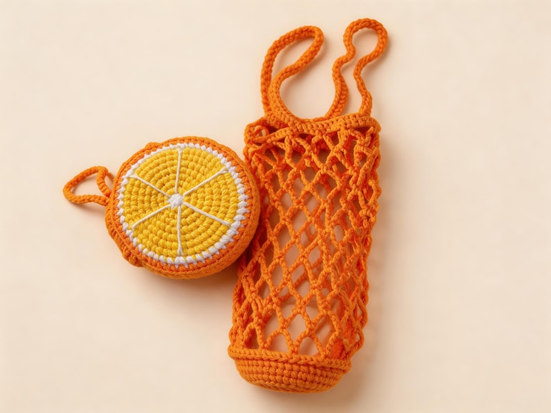 Orange crochet drink carrier, foldable fruit charm transforms into mesh bottle holder bag, reusable crochet cup sling, compact to carry