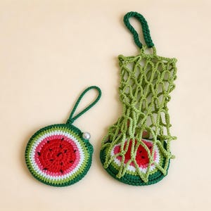 Watermelon crochet drink carrier, foldable fruit charm turns into mesh bottle bag, reusable crochet cup holder pattern