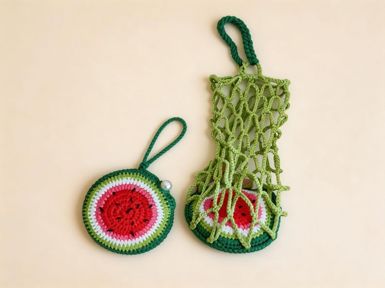 Watermelon crochet drink carrier, foldable fruit charm turns into mesh bottle bag, reusable crochet cup holder pattern