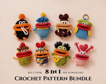 Big Mouth Monster Key Cover Crochet Pattern Bundle – 8 Amigurumi Key holder Designs (PDF Download)
