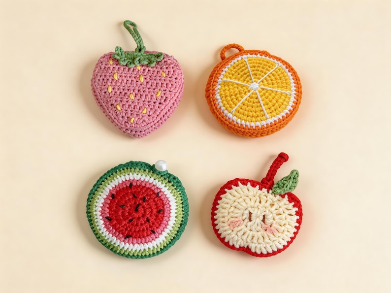 Crochet fruit charm drink carrier set, strawberry orange watermelon apple coaster style keychain, foldable mesh bag for cups, cute handmade accessory