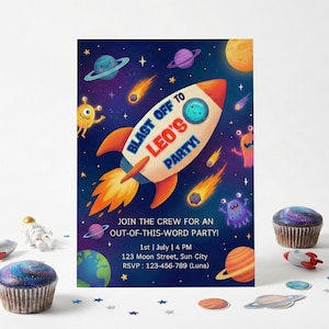 Plantilla de invitación para fiesta de cohetes espaciales, extraterrestres, lunares y galácticos (editable en Canva, descarga digital, 13 x 18 cm)
