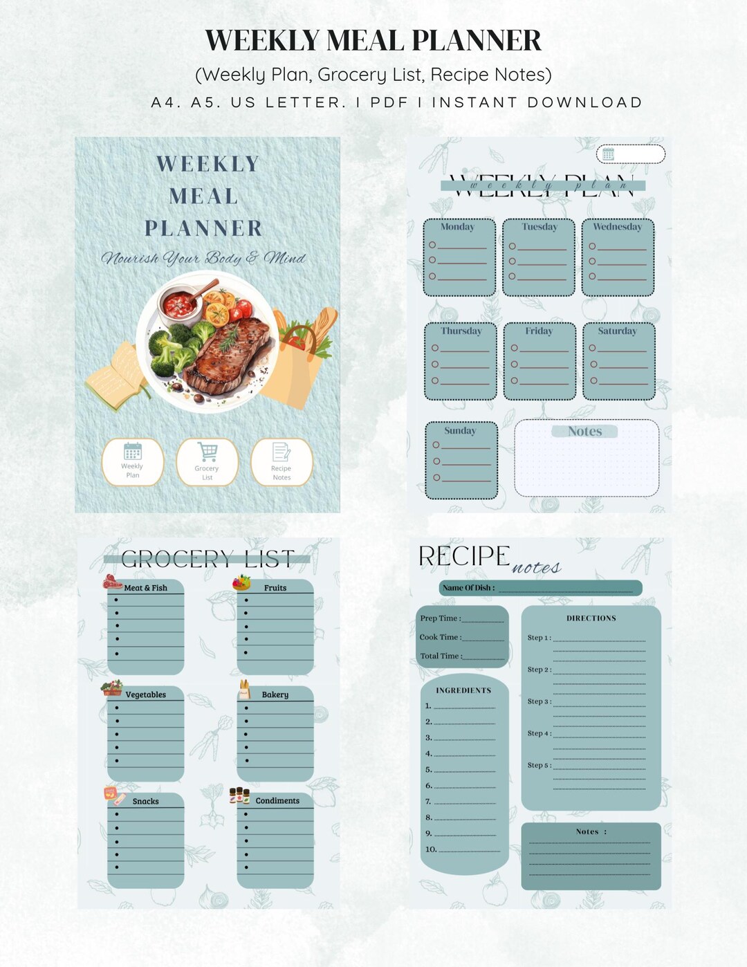 Weekly Meal Planner, Grocery List, Recipe Notes Printable PDF | Meal ...