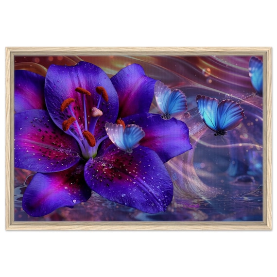 60 Framed Canvas - Vibrant Purple and Pink Lily with Butterflies