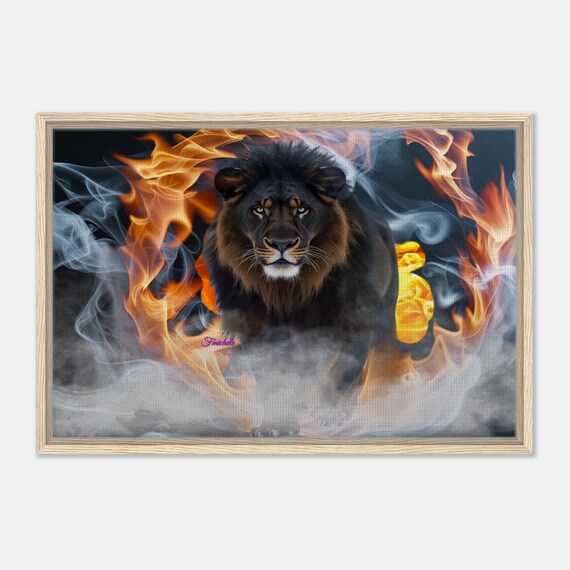 96 Framed Canvas - Black Lion Walking Through Fire