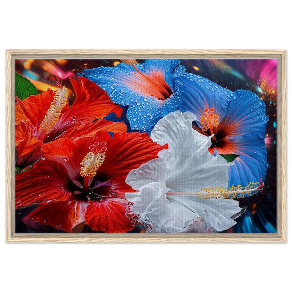 51 Framed Canvas - Red White Blue Hibiscus Flowers