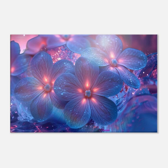21 Canvas Print - Enchanting Blue Flowers with Dew and Glowing Lights