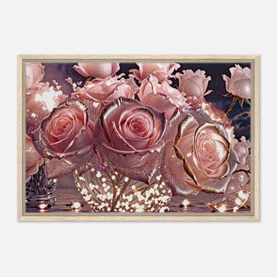 105 Framed Canvas -  Pink Gold Silver Roses
