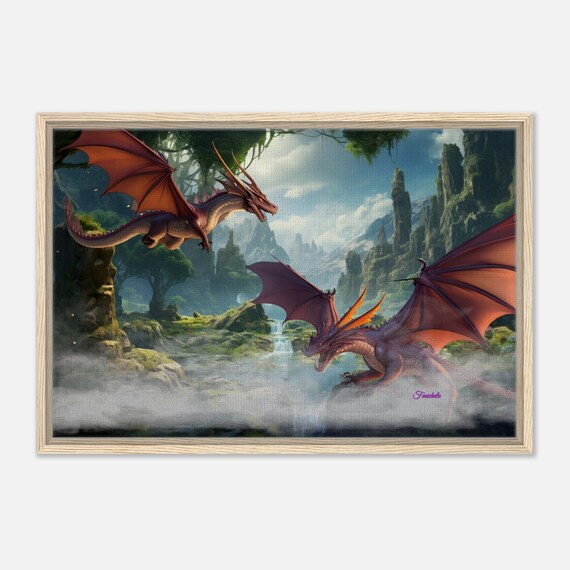 16 Framed Canvas - Coral background with Dragons
