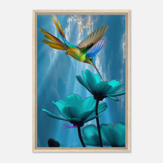 27 Framed Canvas -  Flowers Bloom Under Colorful Twilight with Humming Bird