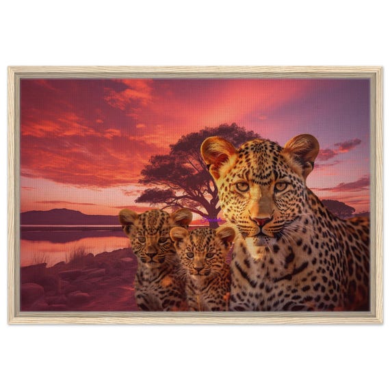 34 Framed Canvas - Leopard and her Cubs