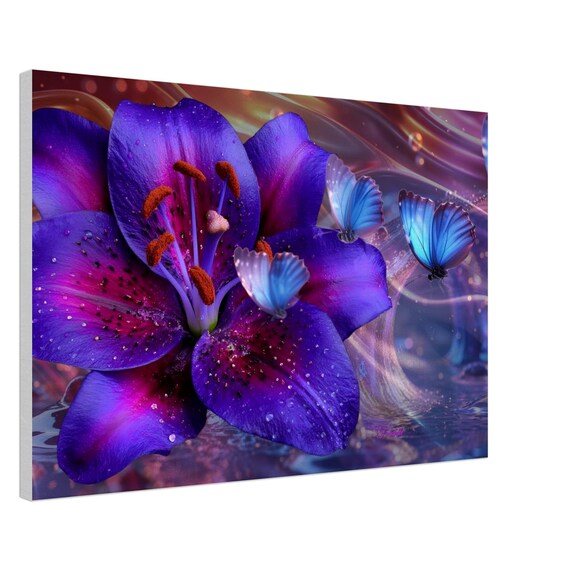 60 Vibrant Purple and Pink Lily Flower Canvas Print with Butterflies