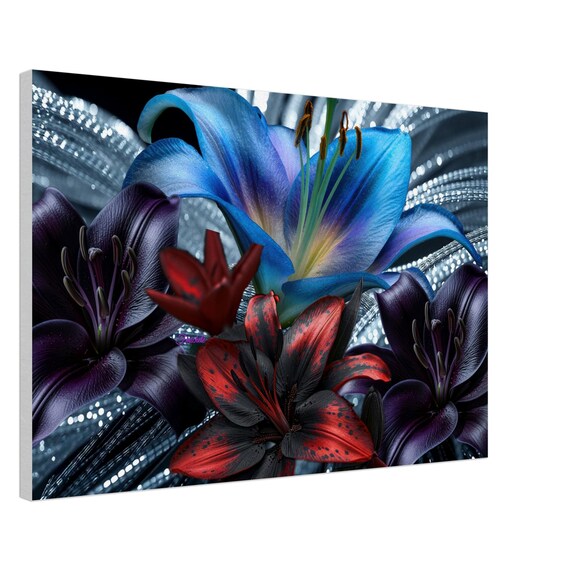 09 Canvas Print - Black, Red and Blue Lily with Silver Background