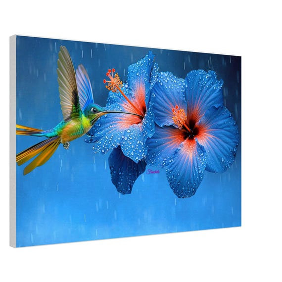 28 Canvas Print - Blue hibiscus and humming bird