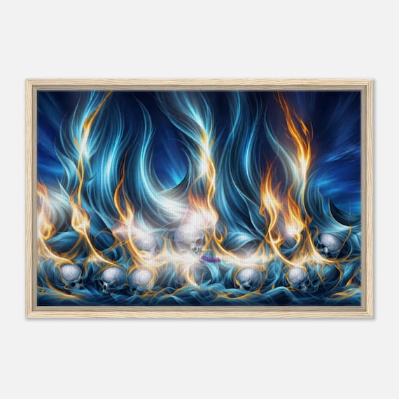 93 Framed Canvas - Flaming Blue Skulls