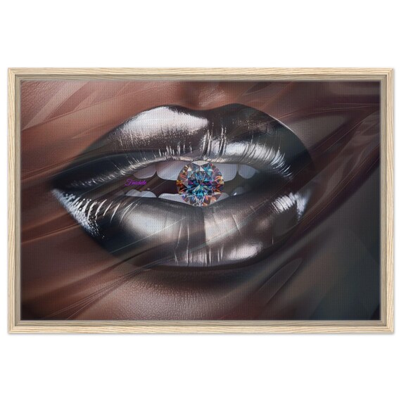 63 Framed Canvas - Woman's Lips with Festive Silver Metallic and Diamond