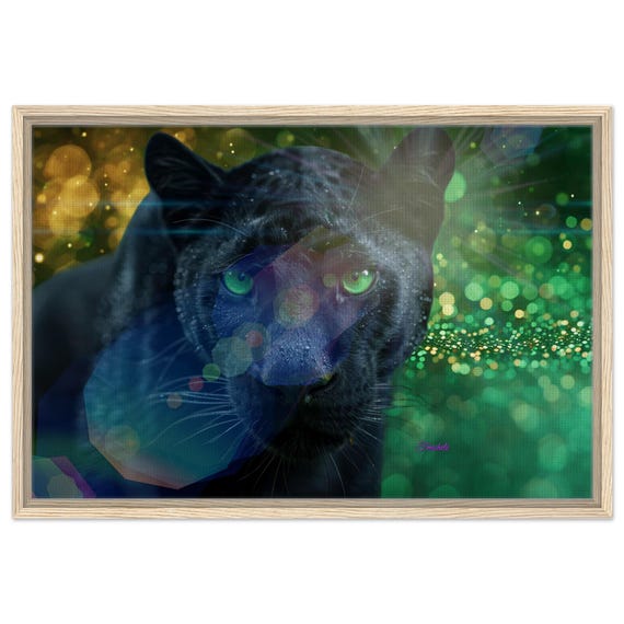 08 Framed Canvas - Black Panther with green eyes