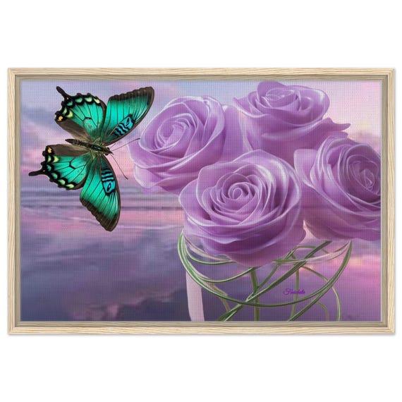 14 Framed Canvas - Butterfly with Lilac Roses