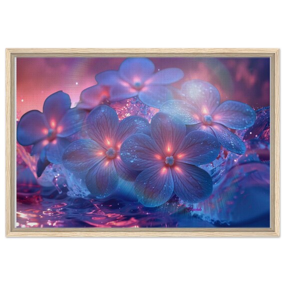 21 Framed Canvas - Enchanting Blue Flowers with Dew and Glowing Lights