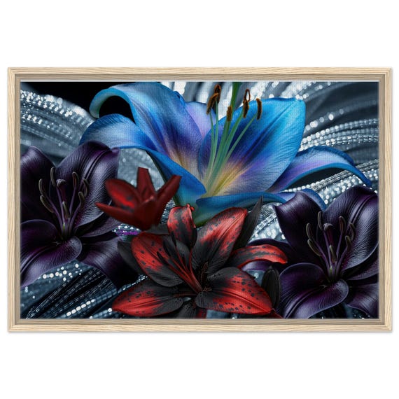 09 Framed Canvas - Black Blue Red Lily on Silver Background