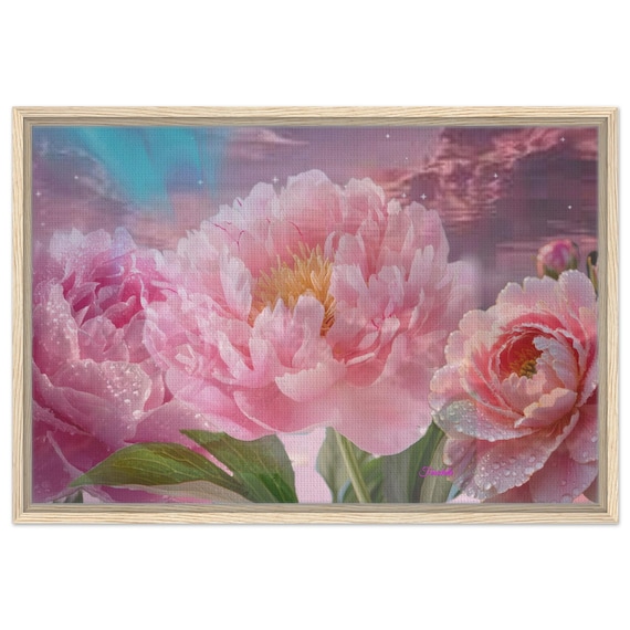 59 Framed Canvas - Vibrant Pink Peony Flower with Droplets