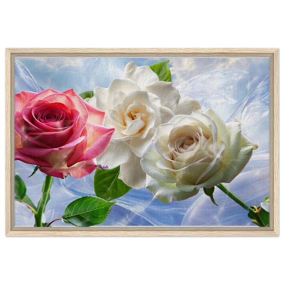 52 Framed Canvas - Rose Flower Blossoms with Blue White Background