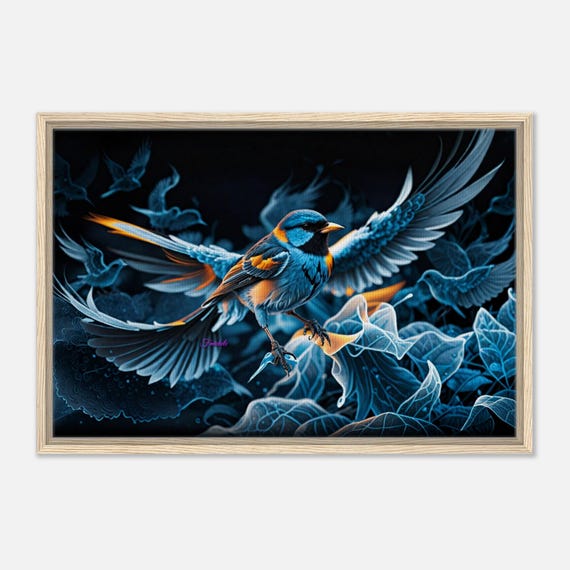 101 Framed Canvas - Blue Bird with Leaves