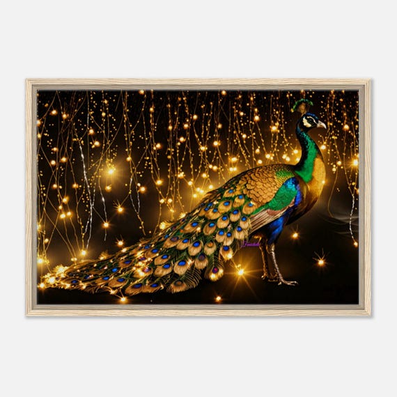 104 Framed Canvas - Peacock with Golden Lights