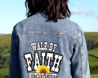 Walk By Faith Not By Sight Women's Oversized Denim Blue Jean Jacket | Christian Faith Western Style Jacket With Printed Bible Verse Referenc