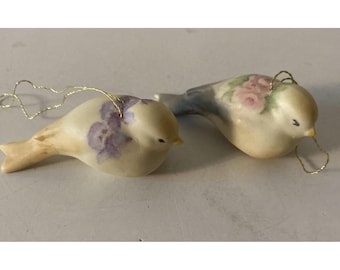 2 Vintage Hand Painted Porcelain Blue Bird Figurine Ornament Fenton? Signed Wolf