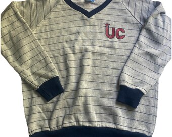 Vintage Champion herentrui grote UC grijs gestreepte V-hals pullover gebreken