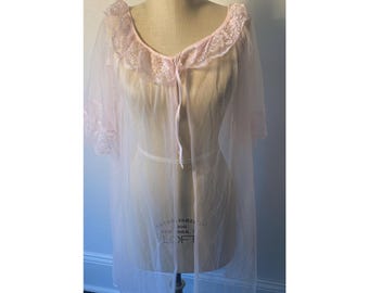 Vtg Elise of Miami Sheer CHIFFON Short BABYDOLL Peignoir Jacket Dress Robe Sz S