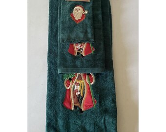 Juego de 3 toallas de baño navideñas vintage con diseño de Papá Noel (toalla de mano verde).