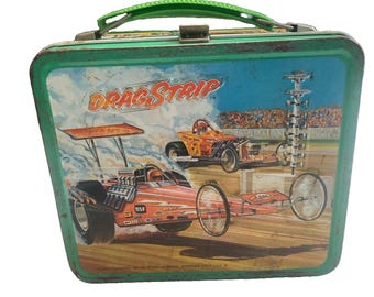 Lancheira vintage Aladdin Drag Strip de 1975, em metal. Sem garrafa térmica. Veja as fotos.