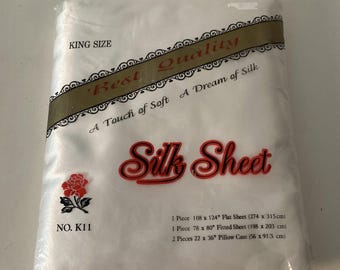 Vintage Ivory White King Size Satin Silk Sheet Set Flat Fitted and 2 Pillowcases