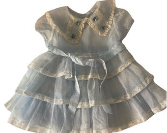 Vestido vintage de los años 50 de organza azul transparente con estampado de lunares suizos para niña pequeña (tallas 2T y 3T).
