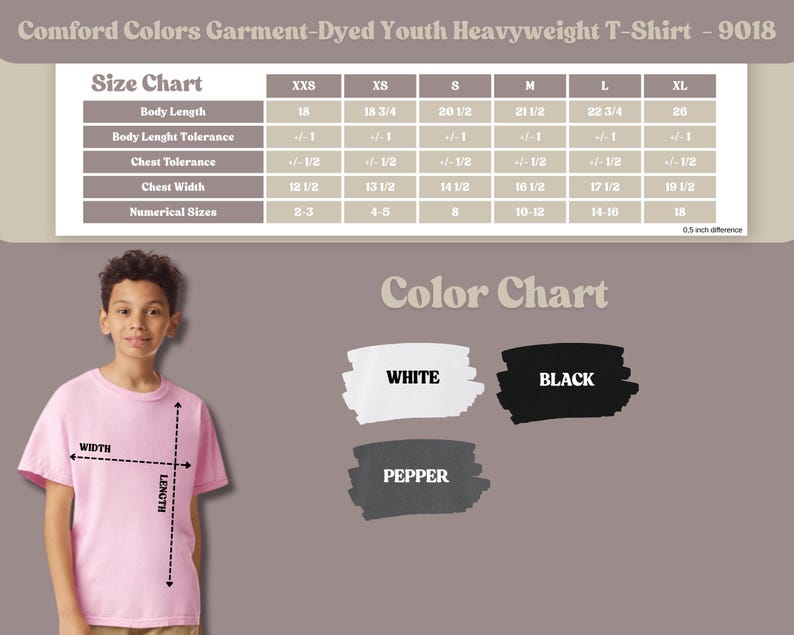 May include: A Comfort Colors Garment-Dyed Youth Heavyweight T-Shirt 9018 size and color chart. The size chart lists body length, chest width, and numerical sizes from XXS to XL in inches. The color chart displays white, black, and pepper swatches.