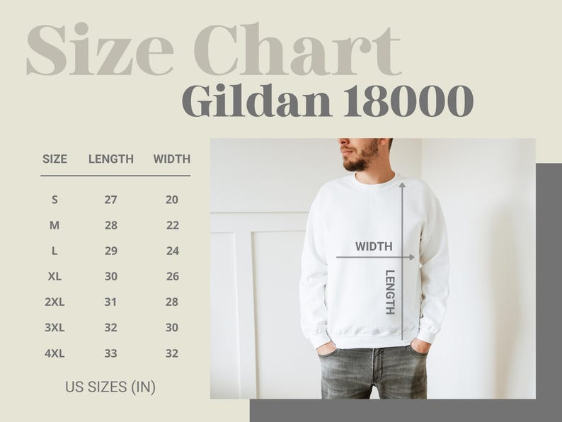 May include: A Gildan 18000 size chart displaying a table of US sizes in inches, ranging from S to 4XL with corresponding length and width measurements. The graphic includes a visual guide showing how to measure the length and width of a sweatshirt.