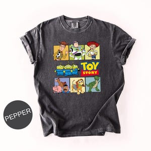 May include: A charcoal gray short-sleeve t-shirt featuring a graphic print of Toy Story characters including Woody, Buzz Lightyear, Jessie, the Aliens, Bullseye, Hamm, Mr. Potato Head, Slinky Dog, and Rex, with the text Toy Story in yellow and red.