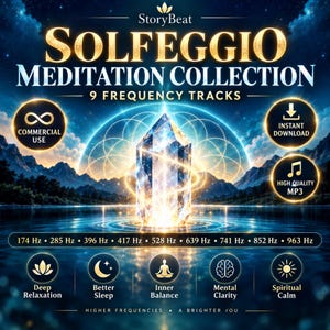 以下が含まれることがあります： StoryBeat Solfeggio Meditation Collectionのデジタルグラフィックで、9つの周波数トラックが含まれています。画像には水面上の輝くクリスタルと、174Hzから963Hzまでの周波数リスト、商用利用、インスタントダウンロード、MP3を示すアイコンが表示されています。