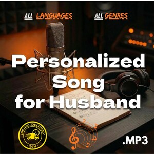 May include: A professional microphone in a gold stand, headphones, and sheet music are on a dark surface. The text reads "Personalized Song for Husband." Additional text includes "All Languages," "All Genres," and ".MP3."