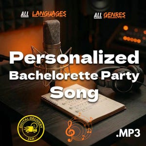 May include: Image promoting a personalized bachelorette party song. A microphone, headphones, and sheet music are on a dark surface. Text includes "Personalized Bachelorette Party Song," "All Languages," and "All Genres."