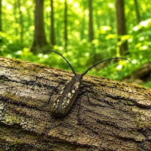 Peut inclure: Un longicorne au corps allongé brun foncé, orné de taches claires et irrégulières sur ses élytres. L'insecte possède deux antennes très longues, fines et sombres qui s'étendent vers l'extérieur alors qu'il repose sur un tronc d'arbre moussue.