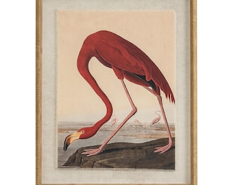 Flamingo on Linen in Beaded Frame