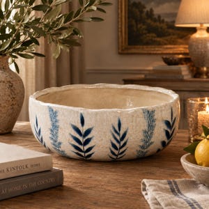 May include: A wide, round ceramic bowl with a cream-coloured crackle glaze finish. The exterior is decorated with a repeating pattern of dark blue botanical leaf and sprig motifs. The bowl features a slightly uneven, organic rim edge.