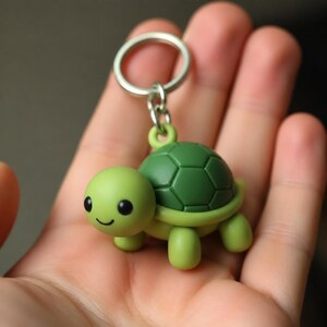May include: A green turtle keychain with a silver keyring. The turtle has a light green head and limbs, a dark green shell, and a smiling face. The keychain is a cute accessory.