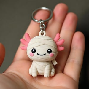 Porte-clés axolotl momie effrayant et mignon, peint à la main et imprimé en 3D, accessoire pastel pour sac à dos, accessoire d'Halloween