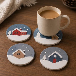 4pcs Winter Cabin Coaster Set, Hand-Painted 3D Printed Mountain Landscape Drink Mats for Cozy Home Decor