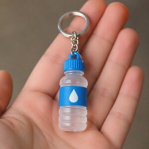 May include: A miniature water bottle keychain. The keychain features a clear plastic bottle with a blue cap and a blue band with a white water droplet symbol. The keychain is attached to a silver metal ring.