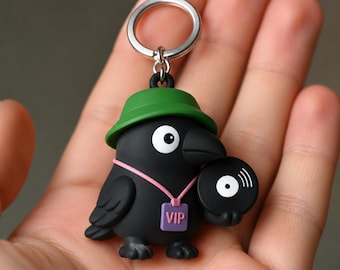 Vinyl Crow Keychain, Music Festival Aesthetic 3D Printed Charm, Handmade Indie Concert Accessory